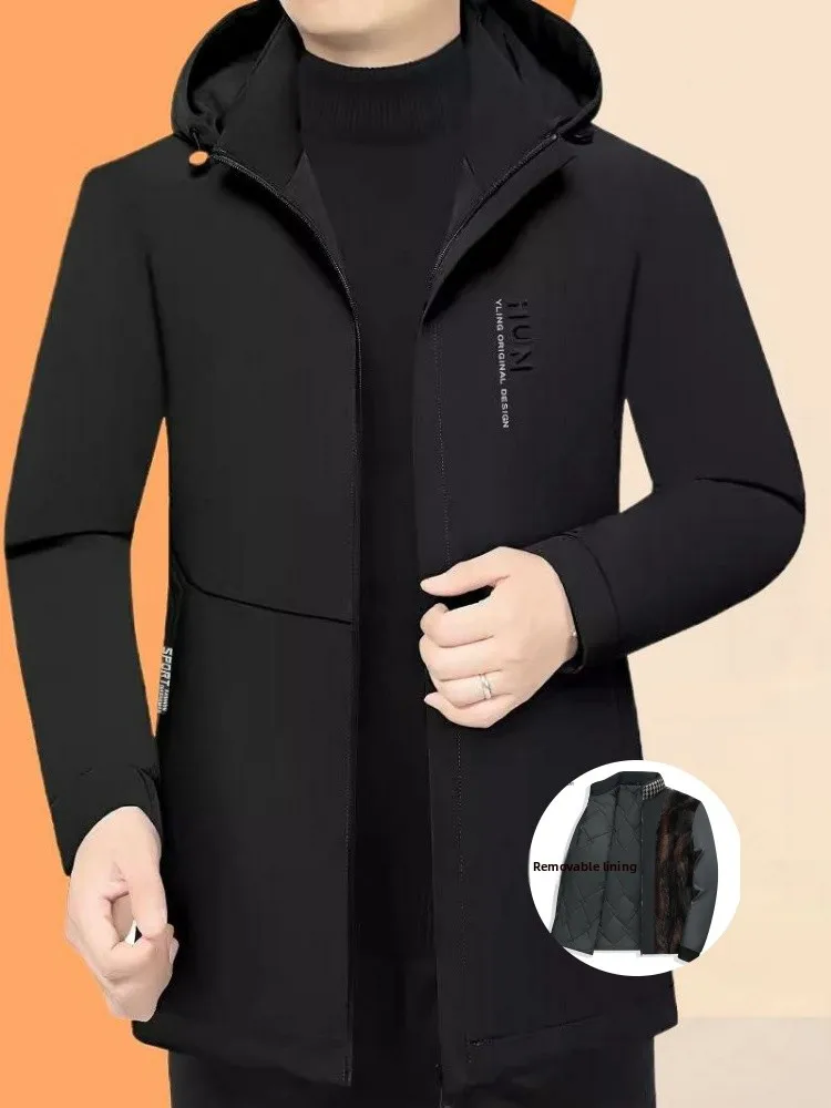 

Thiened Removable Camel down Cotton Jaet Men's Mid-Length Casual Warm Dad Clothes Hooded Coat Youth Faion Long Sle
