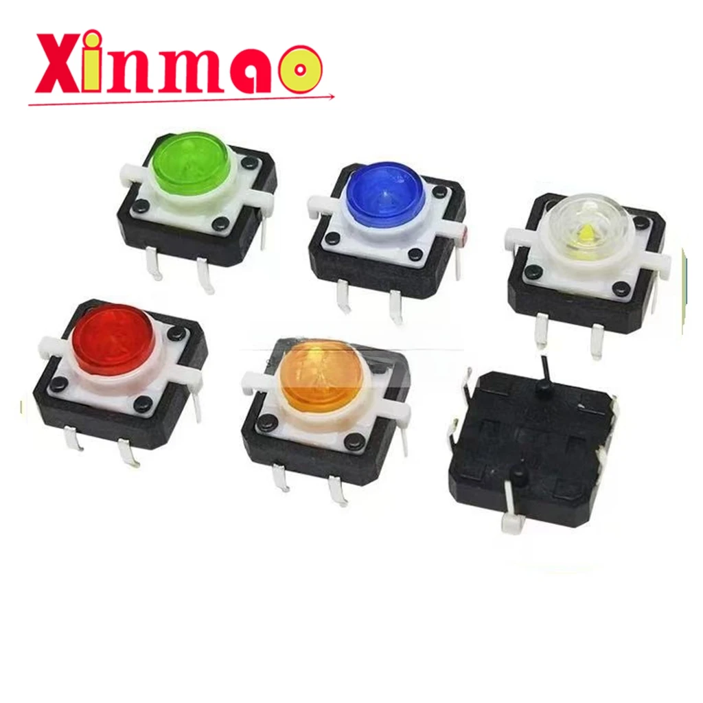 5PCS 12 * 12 * 7.3MM LED button with red, yellow, blue, green, white high brightness, 4-pin reset button, micro switch