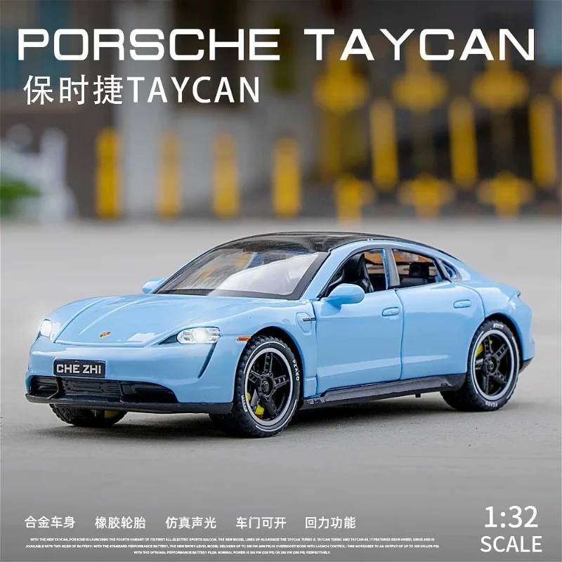 Porsche Taycan-modelo de aleación de Metal fundido a presión, luz de sonido de coche, Colección Pull Back, regalos de juguete para niños, 1:32, A547