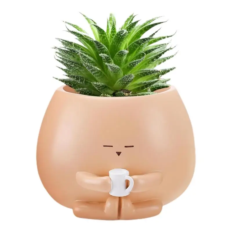 Cute Plant Pot Resin Sitting Figure Holding Cup Plant Pots Indoor Outdoor Interesting Potted Plant Containers Multi-Function