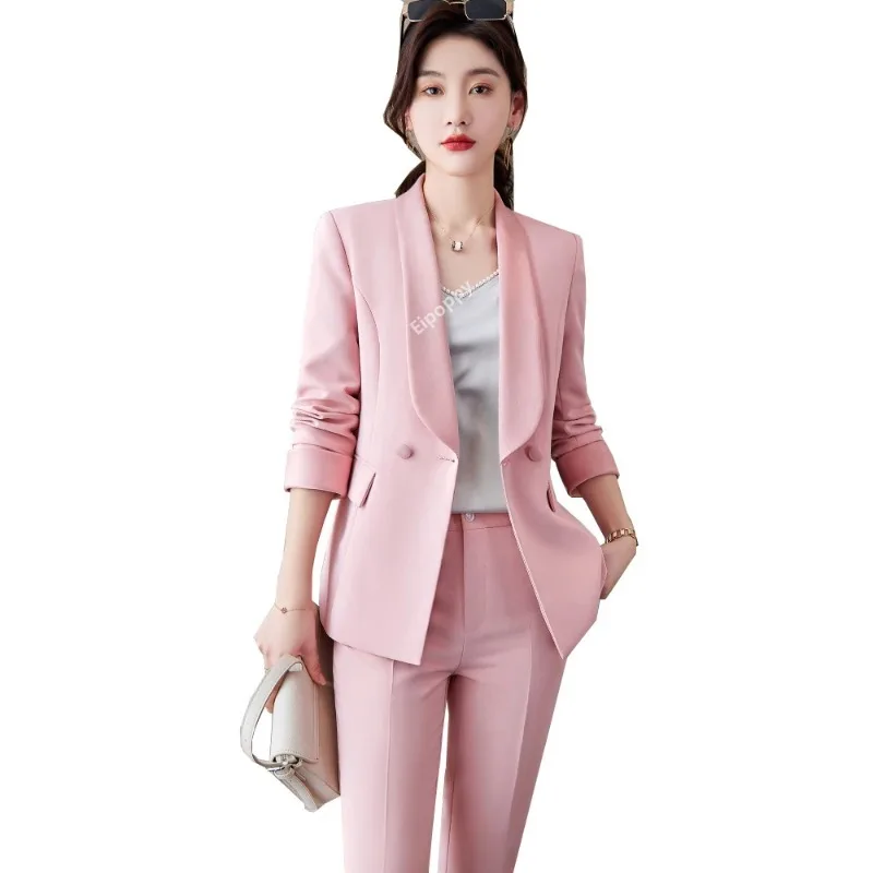 2024New Fashion Women Pink White Black Formal Pant Suit Jacket and Trouser 2 Piece Set Blazer for Office Ladies Winter Work Wear