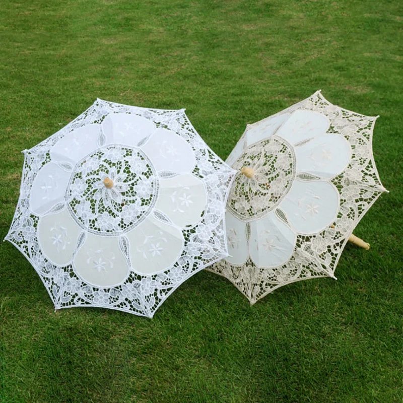 White Lace Umbrella Wedding Bride Restonic White Wooden Handle Creative Craft White Beige Parasol Sun Umbrella Photography Props