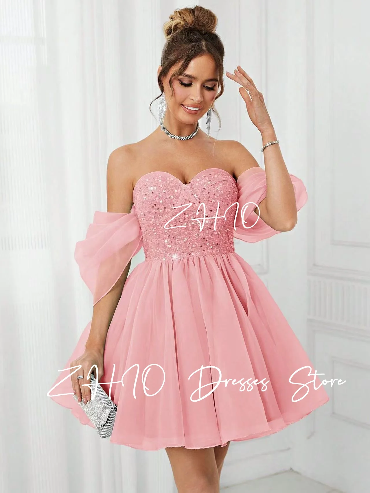 ZHIO princesa lentejuelas Rosa Mini vestido de fiesta de boda fuera del hombro drapeado Organza corto ocasión especial vestido de graduación personalizado