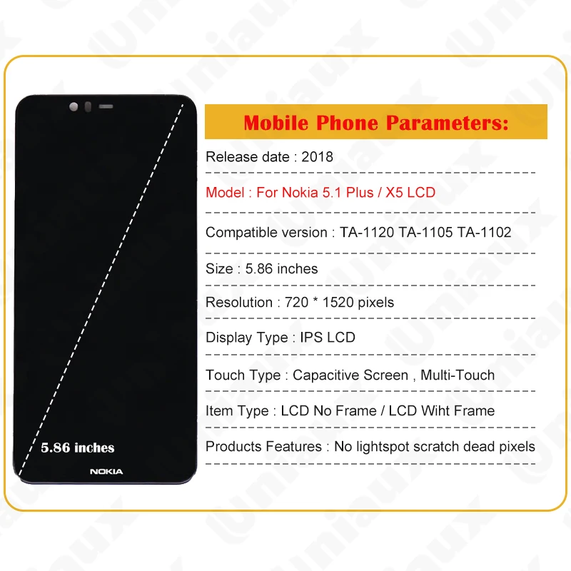 100% Original For Nokia 5.1 Plus LCD Display Touch Screen Assembly For Nokia X5 5.1Plus LCD TA-1120 TA-1105 TA-1102 Replacement