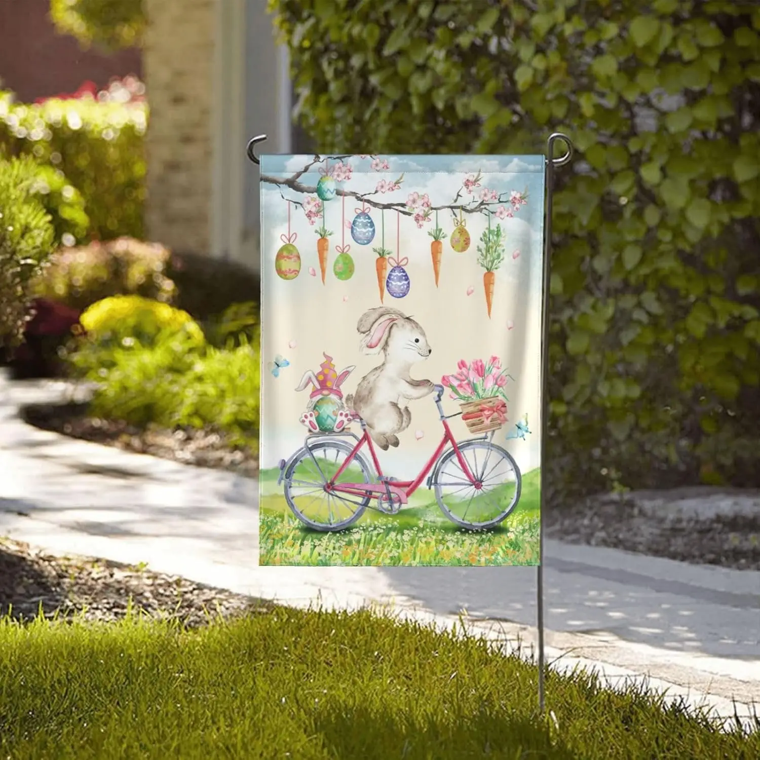 Happy Easter Gifts Funny Bunny On A Bike Garden Flag Double Sided Printing Vertical Colorful Eggs Carrot Garden Flags For Ea AAS