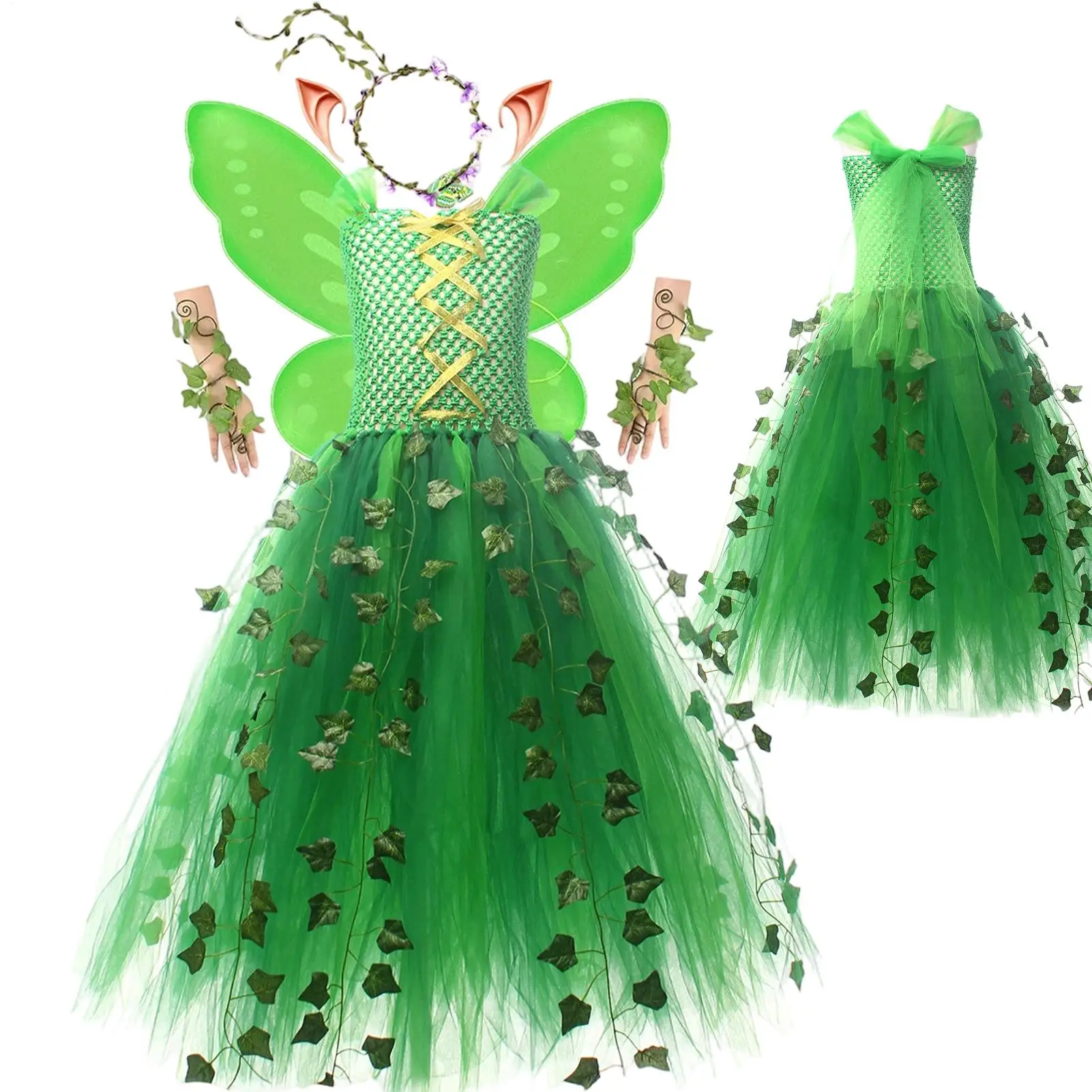 Woodlands Green Garden Fairy Tutu Dress With Headband And Wings Girls ElfGown Costume For Halloween Cosplay Party Clothing Set