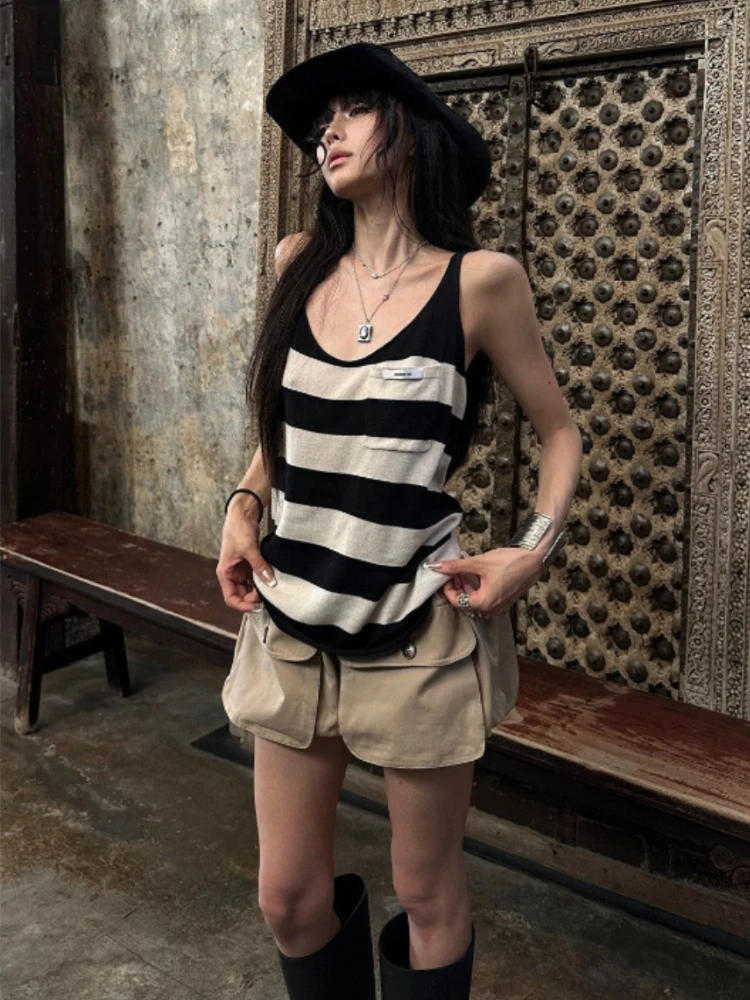 

Summer 2026 New Y2K Clothes Women 2 Piece Set Striped Versatile Cami Tank Top + Pocket Shorts Daily Wear Korean Fashion Outfits