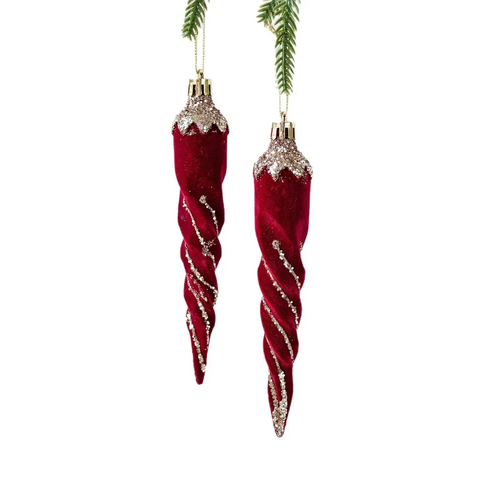 10/2Pcs Pendants Red Flocked Christmas Tree Ornaments-Glittery Painted Candy Cane, Bell, Tree & Candy,Hanging Decorations