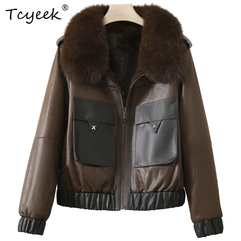 

Tcyeek Женская шерстяная шуба из натуральной овчины на осень-зиму с воротником из лисьего меха и кроличьего меха с квадратным вырезом Fourrures Femme