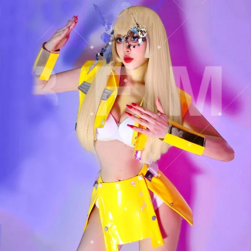 Bar Nightclub Ds Dj Party Festival Outfit Sexy Gogo Dancer Costumes Yellow Leather Pole Dance Clothing Stage Rave Wear XS8329