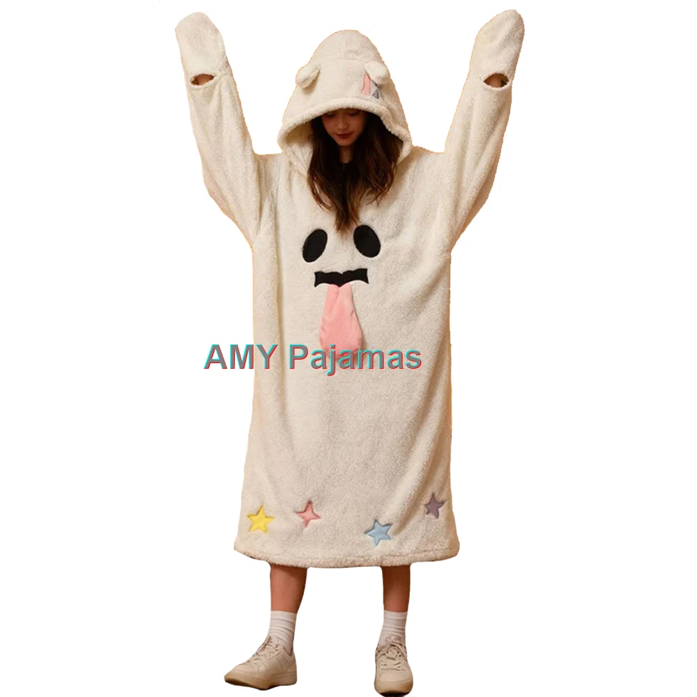 

Sweet Girl Funny Face Nightdress Sleepwear White Ghost Hooded Coral Fleece Pajamas For Women New Winter Thick Plush Nightgowns