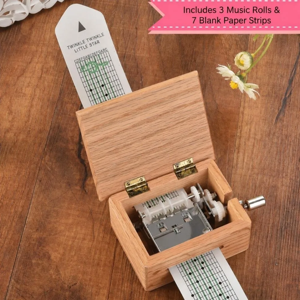 15 Tone Wooden Music Box Paper Tapes Hole Puncher Small Musical Box Hand Cranked Mechanism Wooden Material DIY Music Box