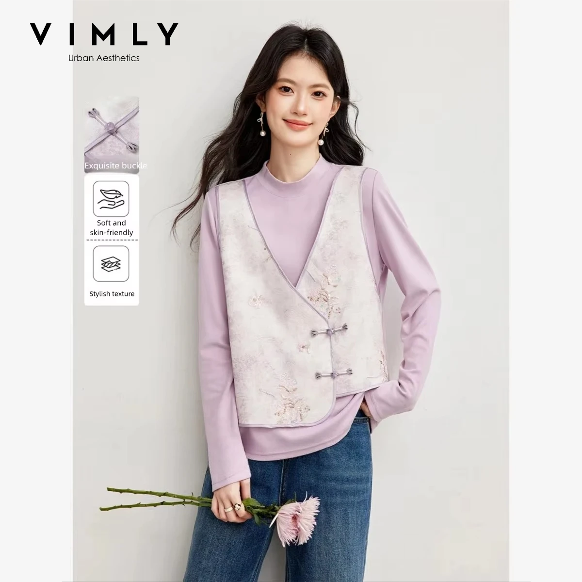 VIMLY Fake Two-piece Spliced Vest New Chinese Style T-shirt for Women 2026 Autumn Elegant Long Sleeve Pullover Fashion Top A7562