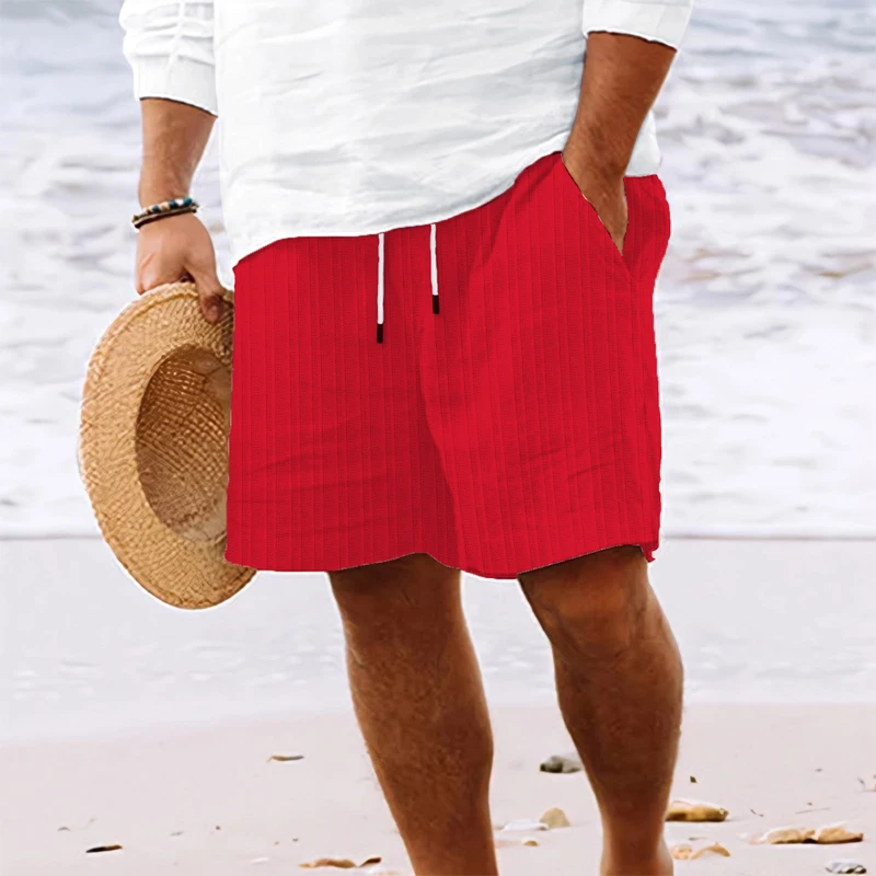 Nieuwe Zomer Strand Heren Linnen Casual Losse Elastische Taille Gestreepte Korte Broek Met Trekkoord Linnen Katoenen Korte Broek Voor Man