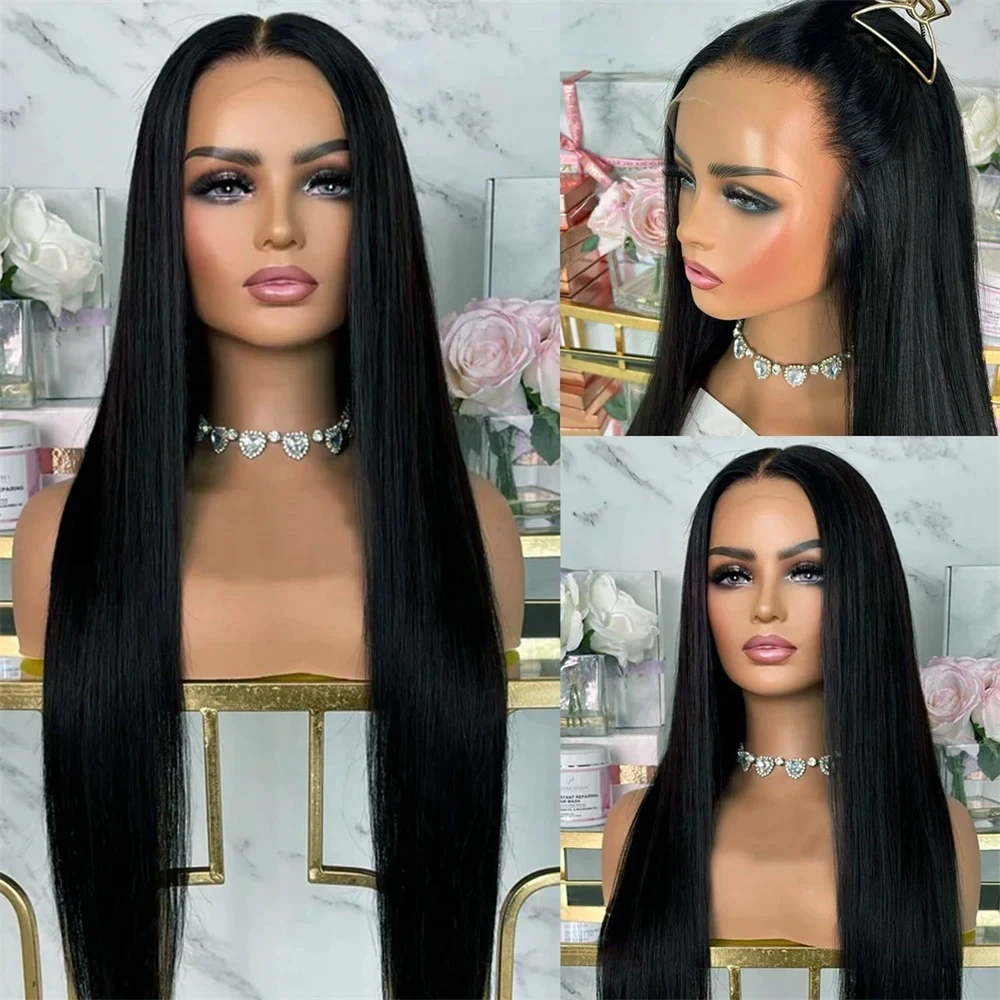 MXWIGS Black Preplucked Straight Hair Synthetic 13X4 Lace Front Wig For Women Soft Cosplay 26Inch Long Glueless  Heat Resistant