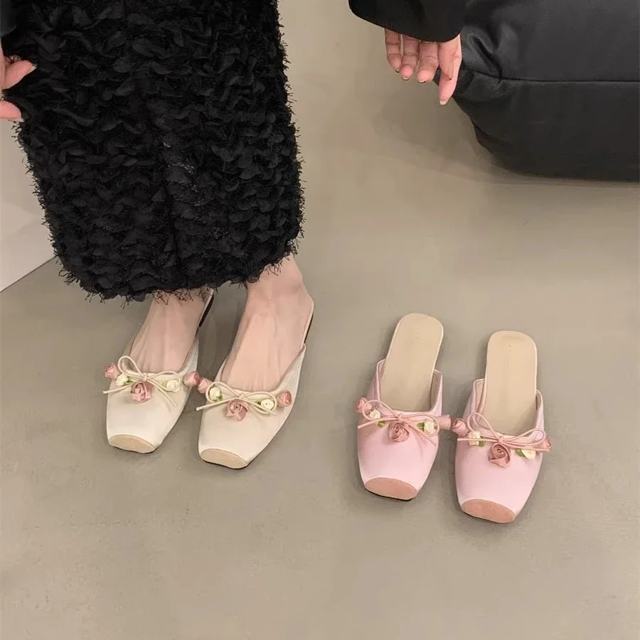 Satin Flower Slippers Women 2024 Summer Non-slip Casual Slide Comfy Light Fashion Ethnic Style Sandals Flat Floral Mule Shoes