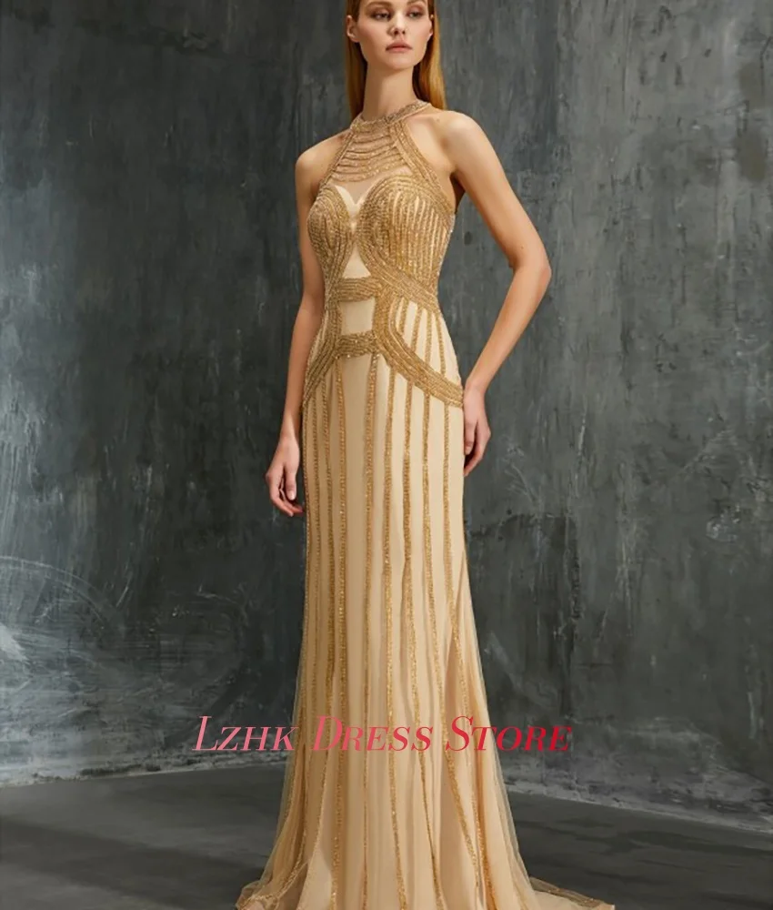 Abito da sera con perline con paillettes a sirena in organza sexy personalizzato Abiti da celebrità senza maniche con lunghezza al pavimento di alta qualità