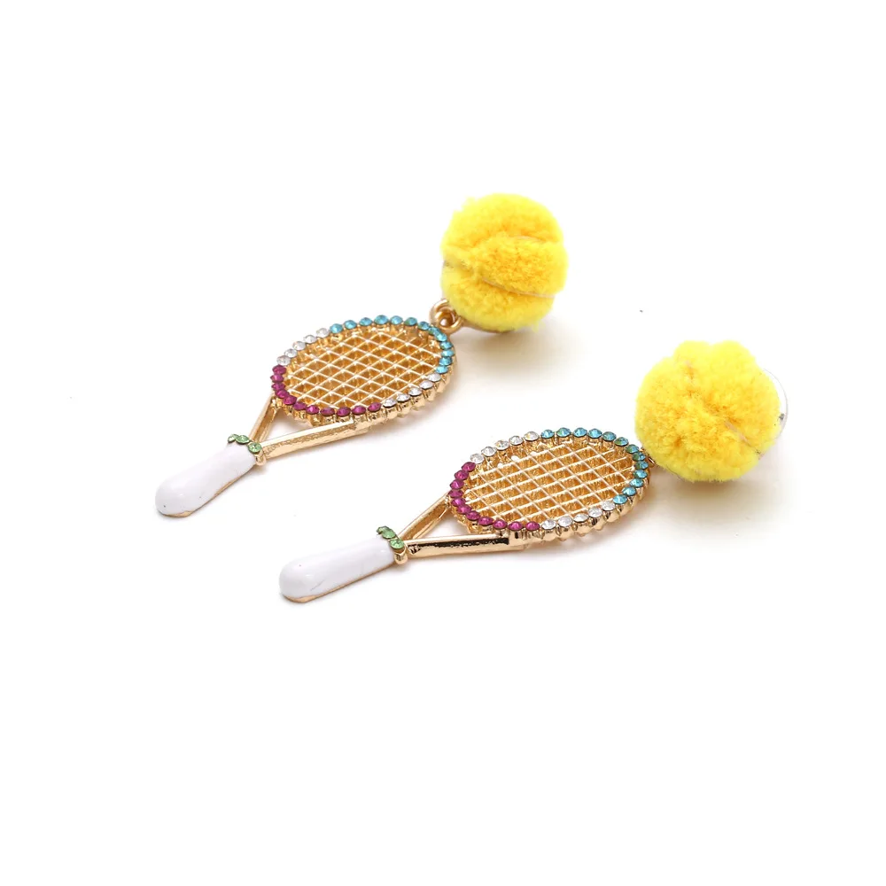 Fashion creative alloy diamond-encrusted tennis racket earrings exaggerated trendy brand oil dripping hairball earrings women's 