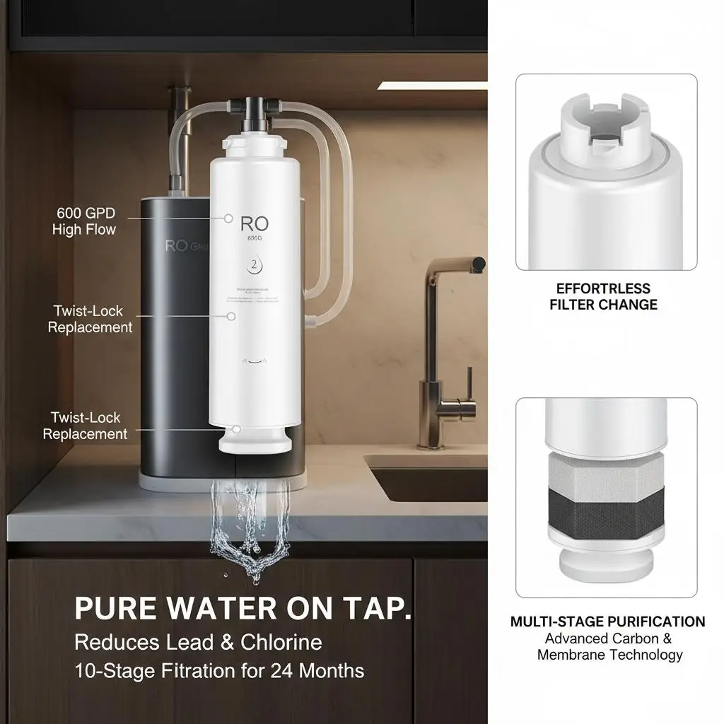 

Картридж для фильтрации воды методом обратного осмоса (RO) на 600 GPD, 10-ступенчатый, 14x5x5 дюймов, для кухонной мойки, домашнего офиса, квартиры, срок службы 24 месяца, без свинца