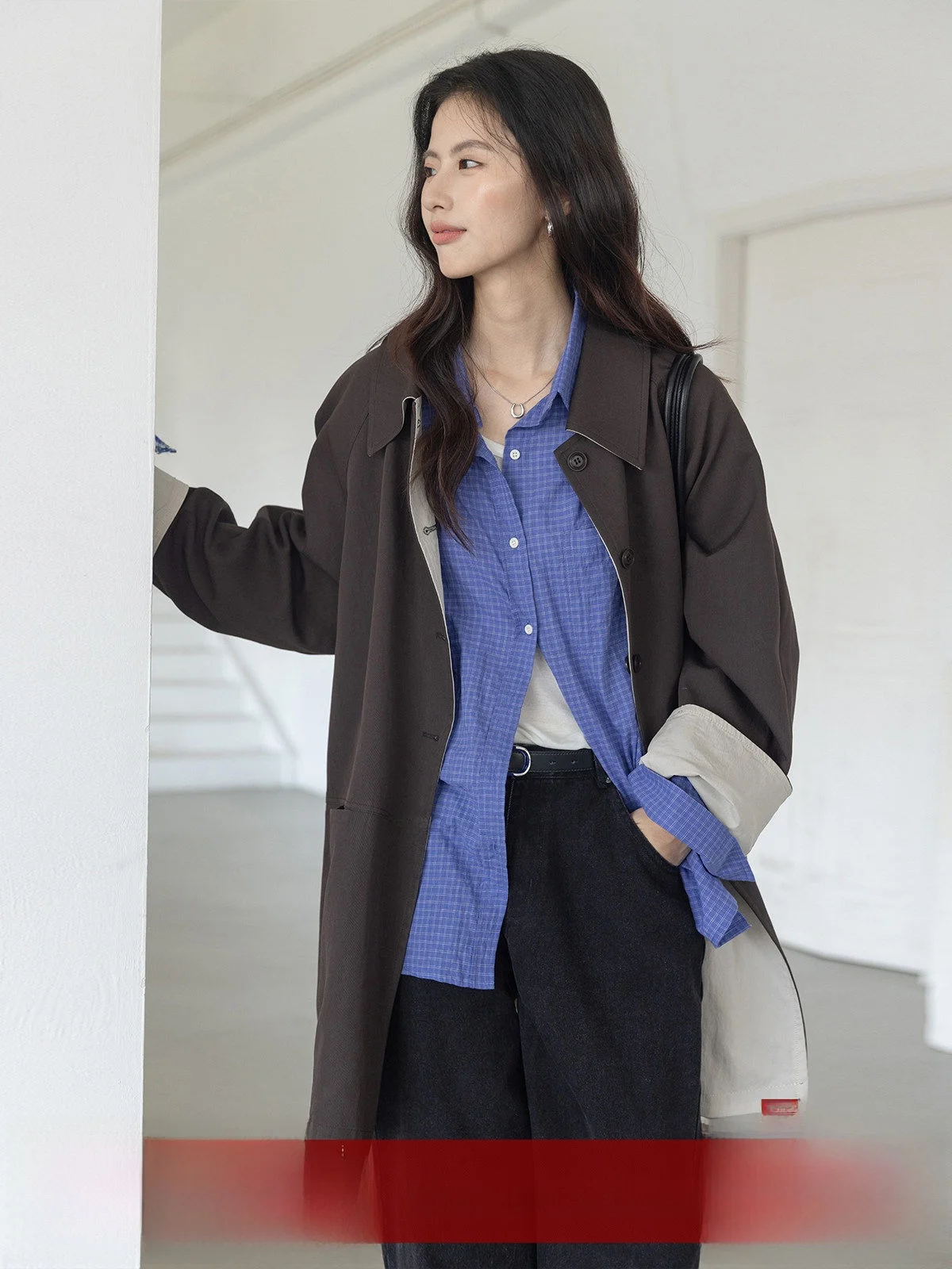 

MoZao Brown Double-Sided Wear Medium-Length Women's Coat Autumn New Korean Sle High-End Loose Top Nylon Cotton Spandex