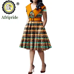 African Print Dresses for Women Short Sleeve Elegant Party Plus Size Pleated Dress with Belt Bazin Riche Ankara Print S2125034