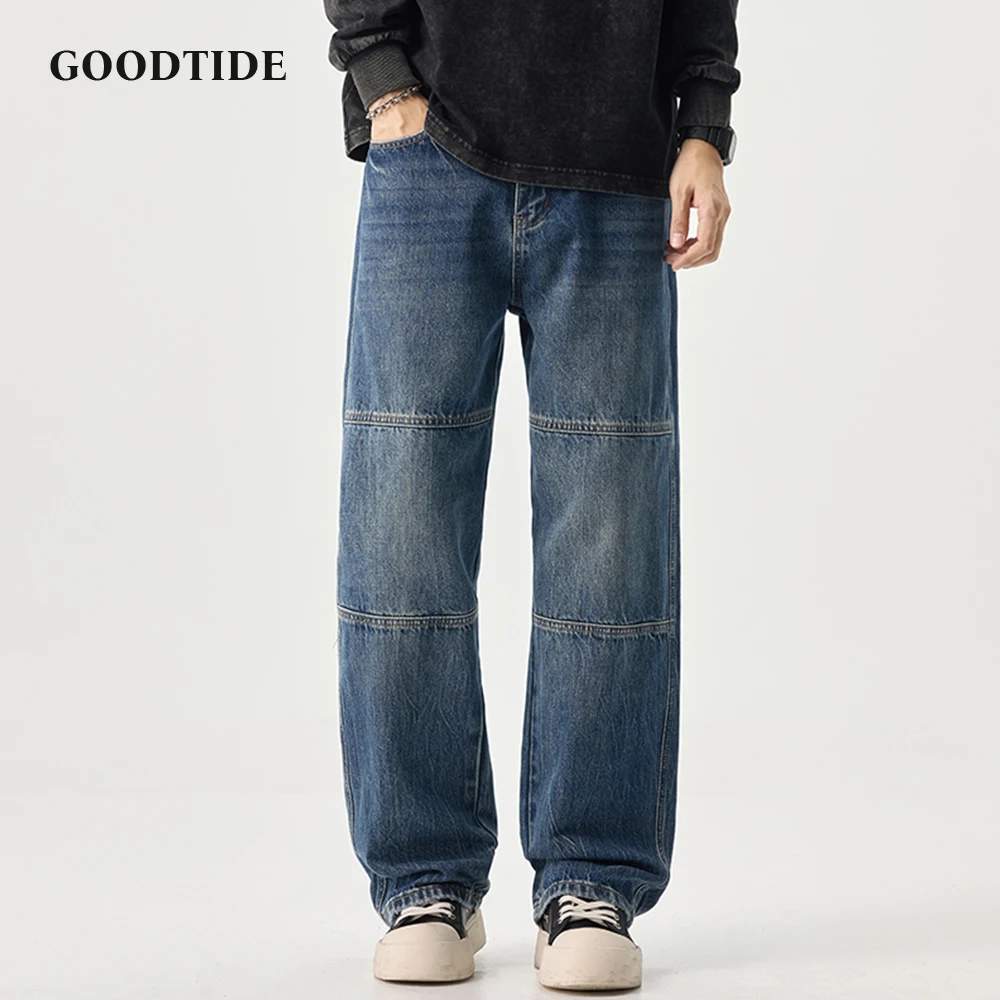 

Fashion Men's Spliced ​​Structure Washed Jeans 2025 Autumn New Drape Loose Hong Kong Style Casual Pants Size 28-40