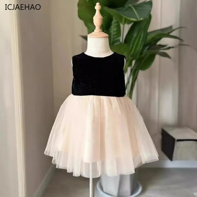 ICJAEHAO 2024 Baby Girl Children Dress Contrast Tulle Princess Outfit Party Evening Frock for Child Sleeveless Vestidos Summer