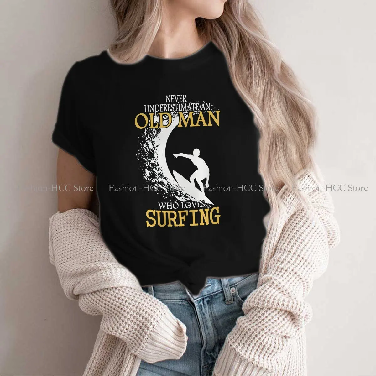 Surfing Old Man Round Collar TShirt Never Underestimate Inspirational Classic Polyester T Shirt Woman's Tops Individuality