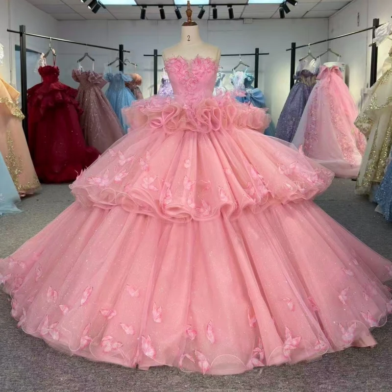 

Pink Shiny Quinceanera Dresses Off The Shoulder Bow Tiered Tull Corset Party Birthday Sweet 16 Dres Vestidos 15 Anos