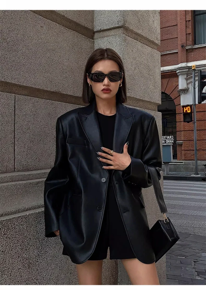 Lautaro Autumn Black Brown Soft  Pu Leather Blazer Women Shoulder Pads Long Sleeve Single Breasted Loose Casual Korean Fashion