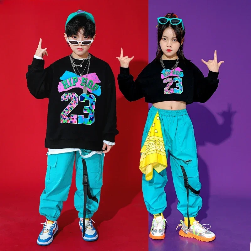 Boy Hip Hop Sweatshirt Solid Color Cargo Pants Girl Crop Top Street Dance Clothes Set Kids Streetwear Outfit Child Jazz Costumes