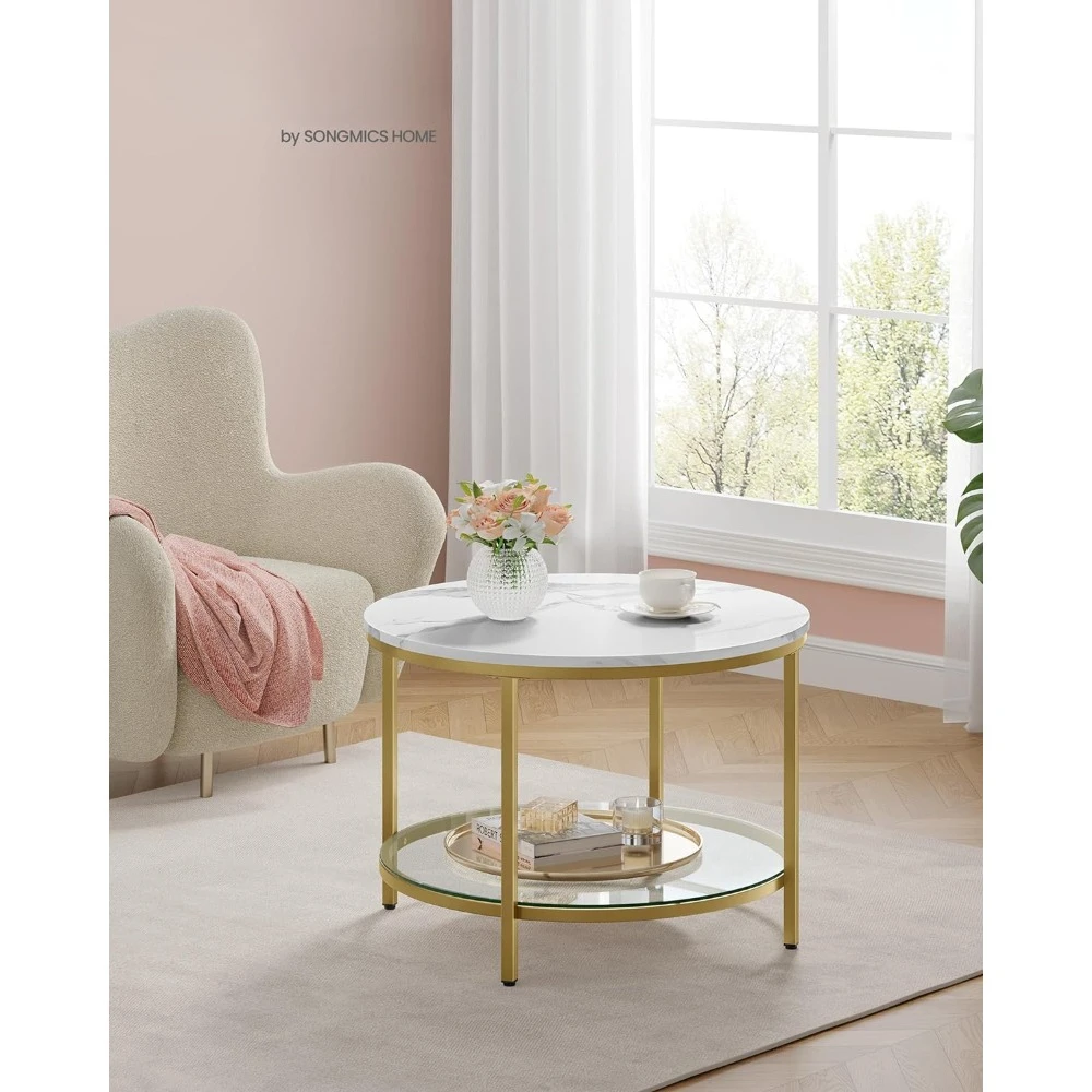 Table basse ronde avec dessus en faux marbre, table basse circulaire à 2 niveaux, avec plateau en verre et étagère de rangement, table centrale moderne