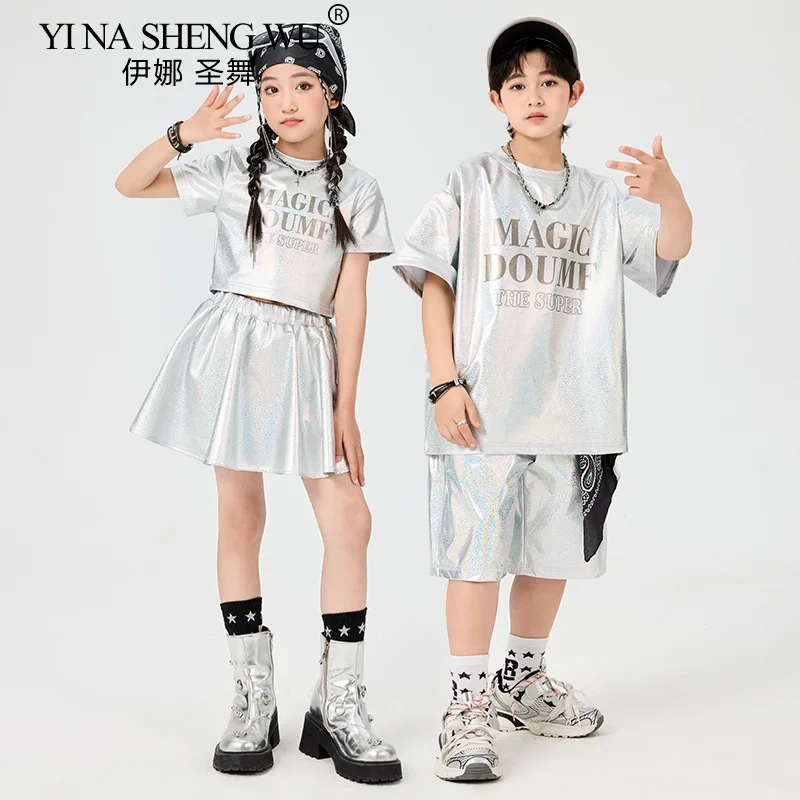 Hip hop meninos brilhante camiseta calças de dança de rua shorts de prata meninas k-pop saias traje crianças jazz roupas conjunto crianças streetwear