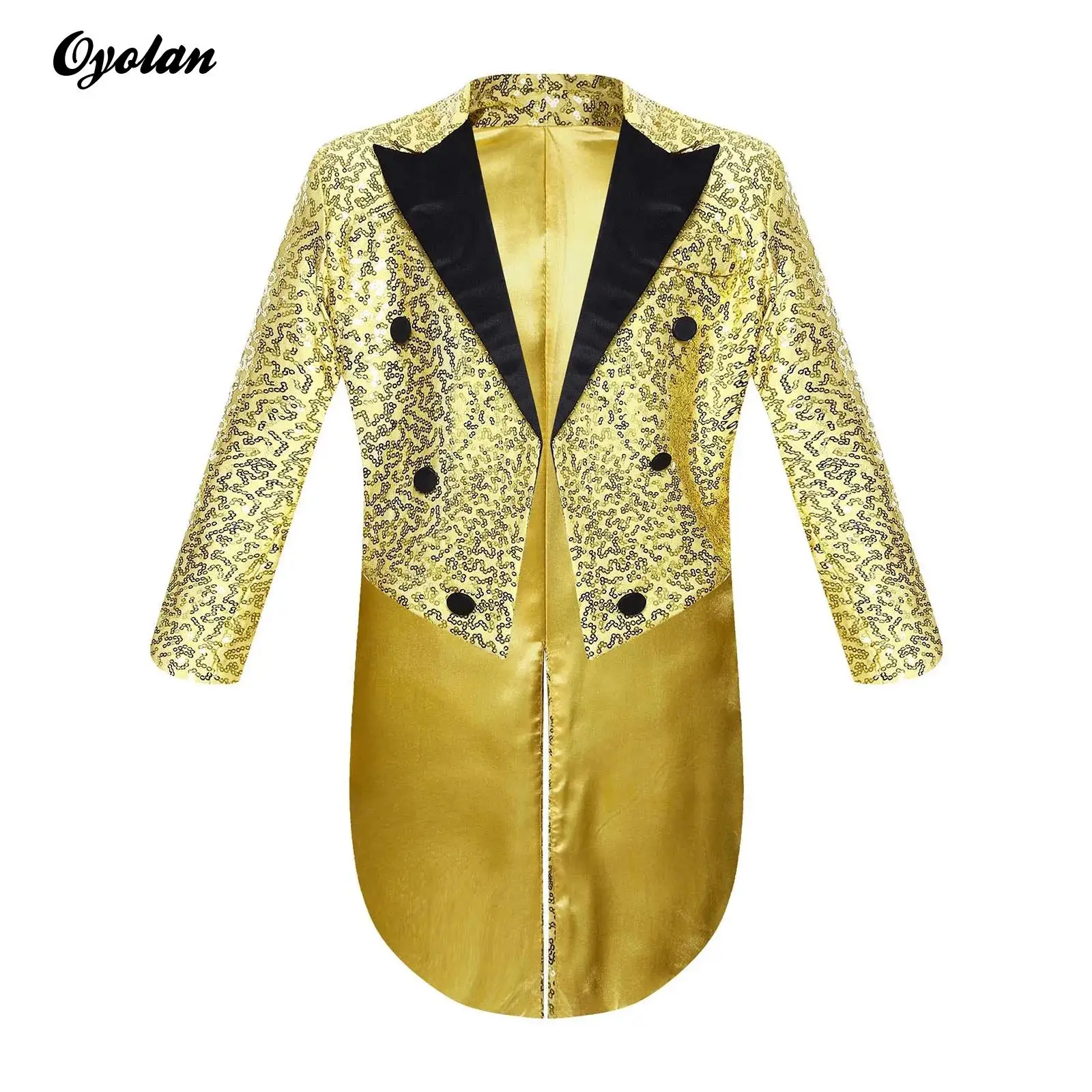 Kids Boys Full Sequin Tailcoat Magic Shows Performance Circus Cosplay Costume Satin Peaked Lapel Open Front Long Sleeve Blazer