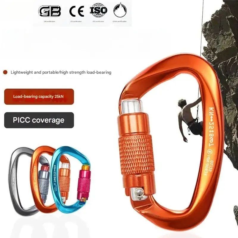 Mosquetão profissional em forma de d 25kn, mecanismo de travamento automático, mosquetão, escalada, rapel, equipamento rápido, ferramentas edc