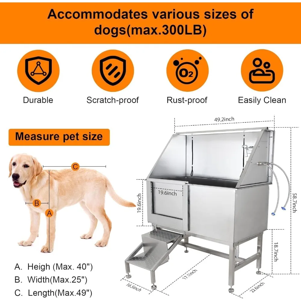 

US Shipping Professional Stainless Steel Dog Grooming Tub with Removable Ramp Storage Drawer Floor Grate Stairs Faucet for