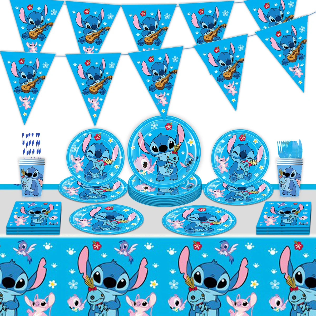 Disney Lilo and Stitch Birthday Party Decoration Girl Boy Disposable Tableware Tablecloth Candy Bag Plate Paper Cup Supplies Kit