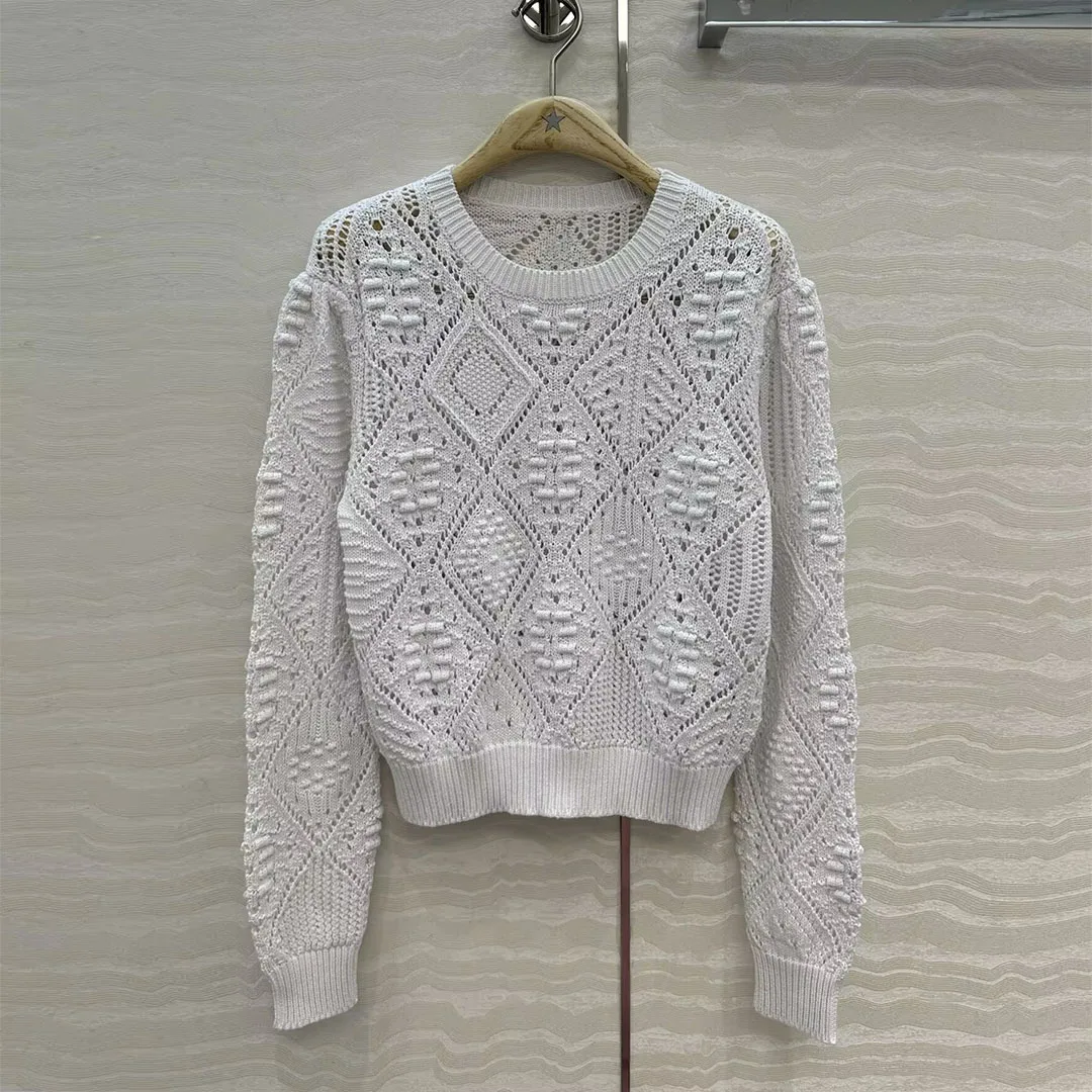 

Новый милый винтажный белый ажурный вязаный крючком хлопковый вязаный пуловер с рисунком аргайл женский короткий дизайн свитер с круглым вырезом и длинными рукавами