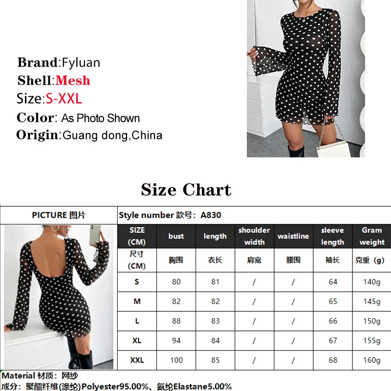Neue frauen Mini Kleid Elegante Mesh Polka Dot Print Rundhals Paket Hüften Kleid Sexy Backless Langarm Abend prom Kleidung