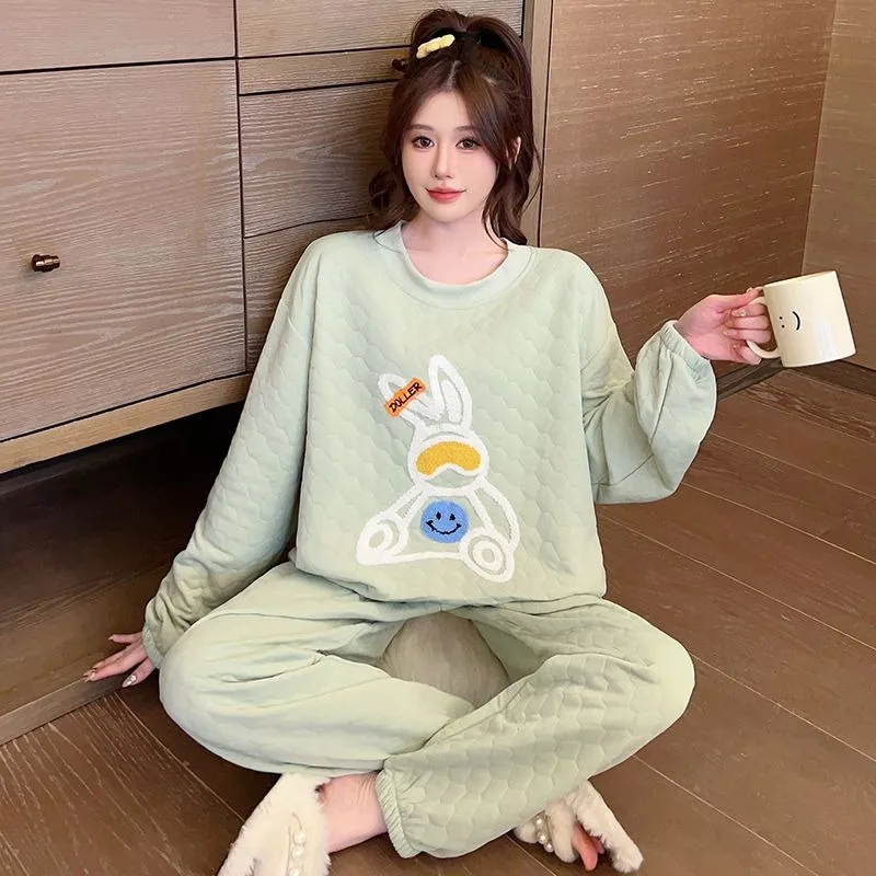 2024 New Spring Autumn Women Air Cotton Sweet Cute Loose Homewear Suit Female Large Size 5xl Round Neck Casual Sleepwear Sets