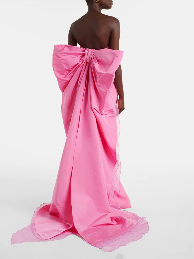 Abiti lunghi rosa senza spalline con fiocco oversize – Abito senza schienale con strascico lungo Abito da ballo per celebrazioni di compleanno, laurea scolastica
