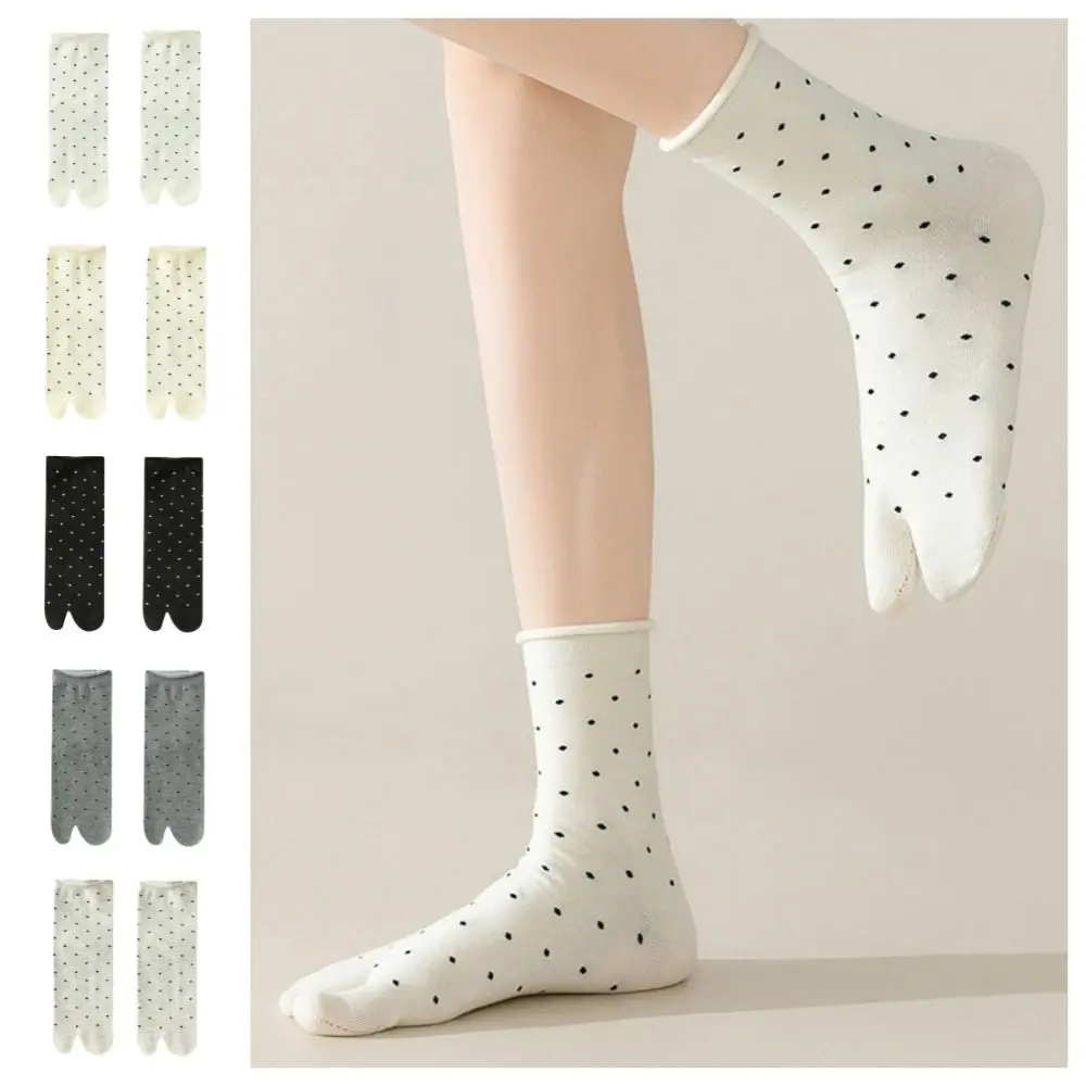 

Sweet Dots Two Toe Tube Socks Ruffle Thin Separate Toe Socks Breathable Cotton Mid-calf Socks for 2Pairs Women