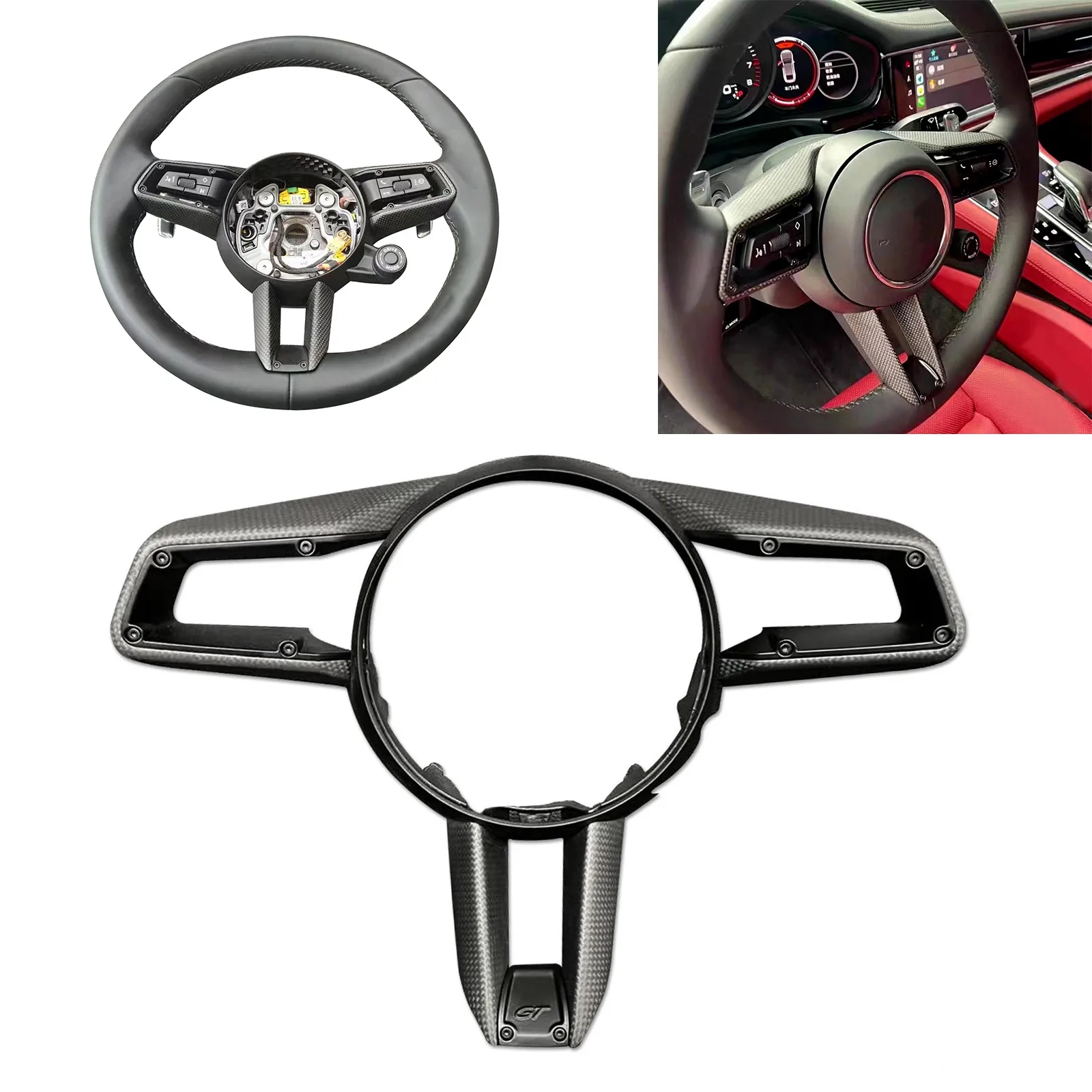 Real Carbon Fiber Car Steering Wheel Cover Trim Decor Frame For Porsche 911 992 Taycan J1 Panamera 2020-2023 Auto Interior Parts