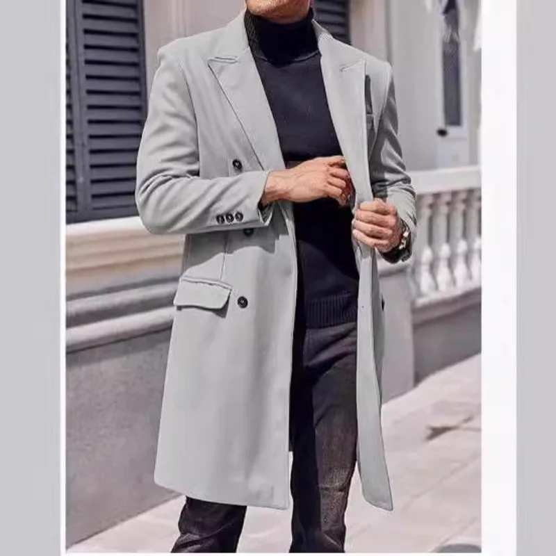 

Мужское длинное пальто из смеси шерсти, двубортная куртка, повседневная уличная теплая мужская одежда с лацканами и подкладкой
