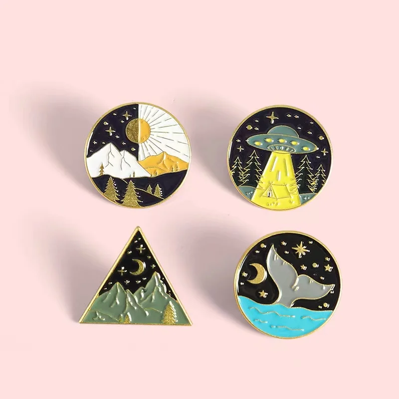 Sun and Moon Alternation Enamel Pins Custom Natural Landscape Star River Whale Tale Brooches Lapel Badges Backpack Jewelry Gifts