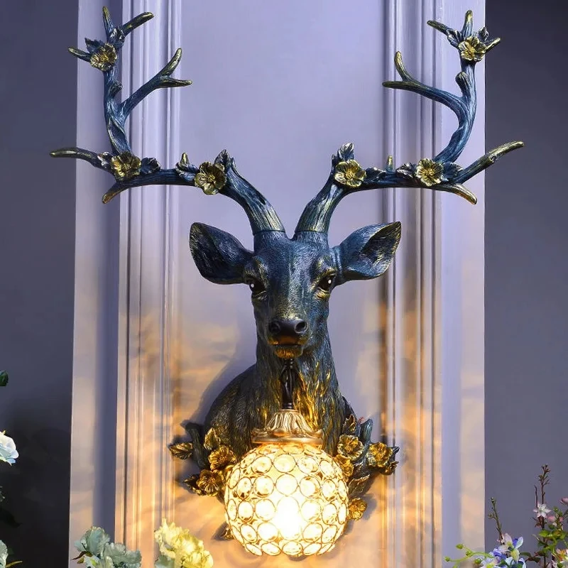 Dropshipping American Lucky Deer Head Wall Lamp Vintage Resin Antler Wall Lights Living Room Study Corridor Home Decor Wall Lamp