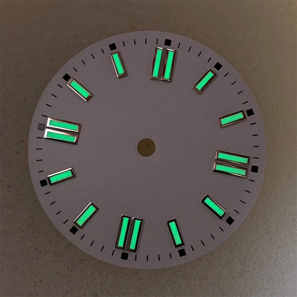 28.5mm NH35 Dial, Green Luminous Watch Dial for NH35/ETA2836/8215/Mingzhu 2813 Movement No Calendar Watch Face 3 o'clock