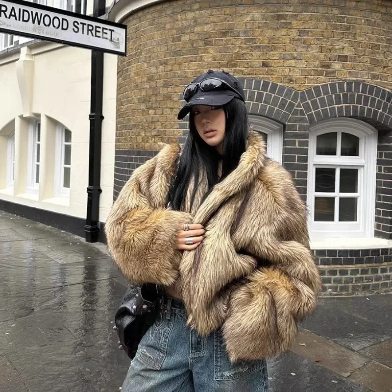 Retro Lapel Zipper Faux Fur Coat Women Casual Loose Thicken Solid Natural Imitation Fur Coats Female Winter Warm Chic Outwear