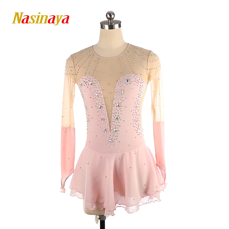 

Nasinaya Figure Skating Dress Costume Competition Ice Skating Skirt for Girl Women Kids Gymnastics Performance Light Pink