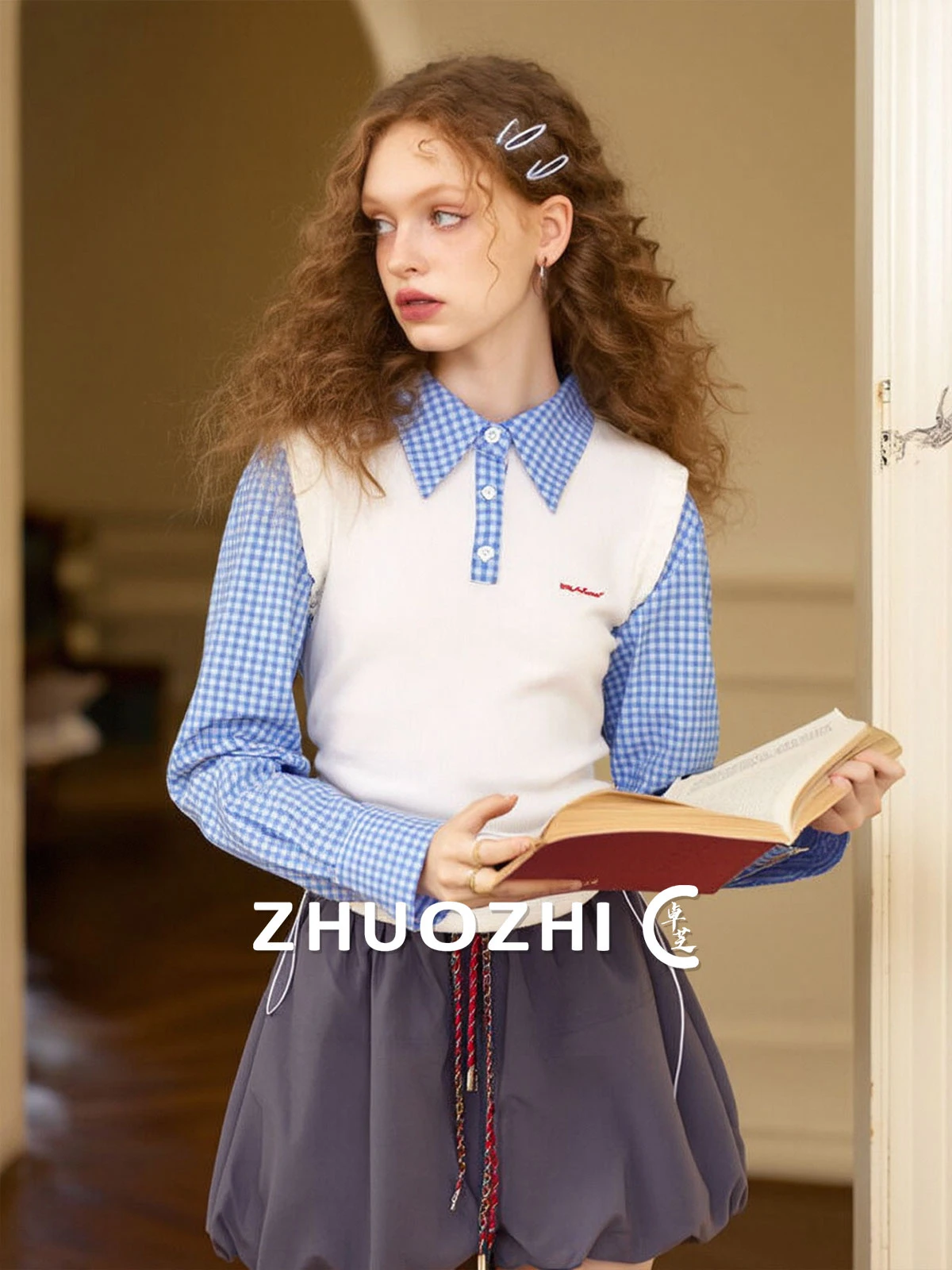 

Color Block Plaid Long Sleeve Shirt Women's Knitted Top Retro Versatile Casual Style Loose Fit No Pocket Iron Free Garment